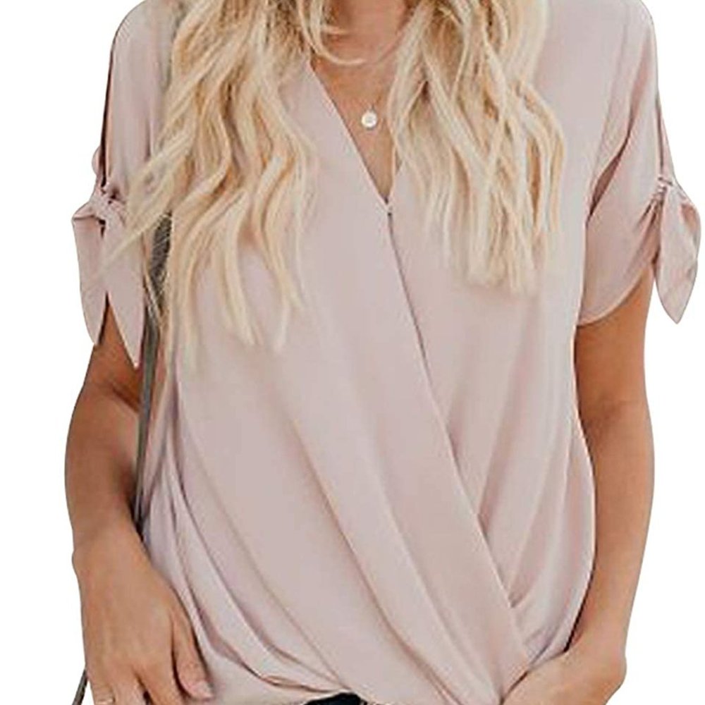 Casual Short Sleeve Top Summer Wrap V Neck Chiffon - Picture 2 of 2